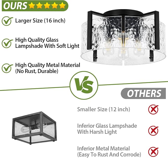 16" Semi-Flush Mount Ceiling Light, 4-Light Hammered Glass Drum Fixture | OYKYOHEI Indoor Lighting for Bedroom Hallway Entryway Kitchen Foyer Living Room Laundry Decor, Black Modern Dimmable E26