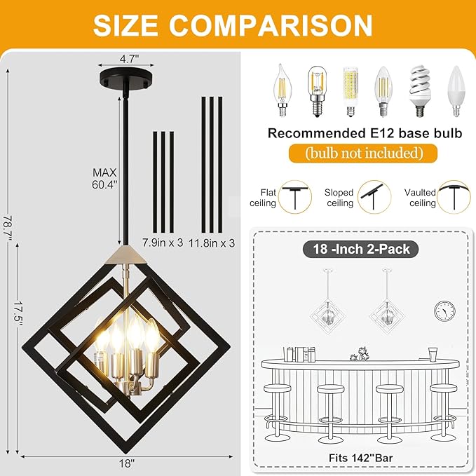 18" Modern Pendant Lights Kitchen Island, 4-Light Black + Brushed Nickel Farmhouse Pendant Light Fixtures, Industrial Hanging Pendant Lights for Kitchen Island Dining Room Hallway Foyer Entryway