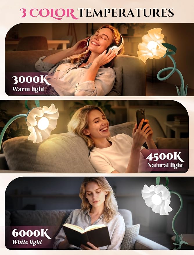 Clip On Flower Lamp for Bedroom, Aesthetic Bedside Reading Light with Flexible Gooseneck, 3 Color Modes Cute Desk Lamp Decor for Dorm Room, Headboard, Nightstand and Home Office