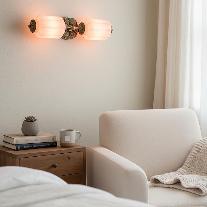 Vintage Vanity Light - 2-Light Wall Sconce with Brass Finish Base & Green Glass Shade - Wall Sconce Lighting for Mirror, Kitchen, Living Room, Gallery (Bulbs Included) (Pink)