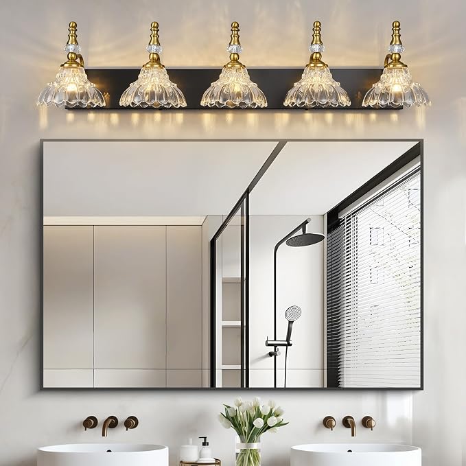 Vintage Bathroom Vanity Light, 5-Light Black Gold Vanity Lighting Fixture with Flower Glass Shade, Bathroom Lighting Fixtures Over Mirror