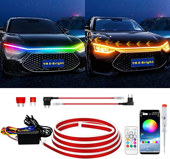 YM E-Bright Car Led Lights Exterior RGB Hood Light Strip Waterproof Multicolor Dynamic Scan Start Up Hoodbeam Kit DRL Daytime Running Lights for Cars,Truck,SUV,APP Control,12V 70inch