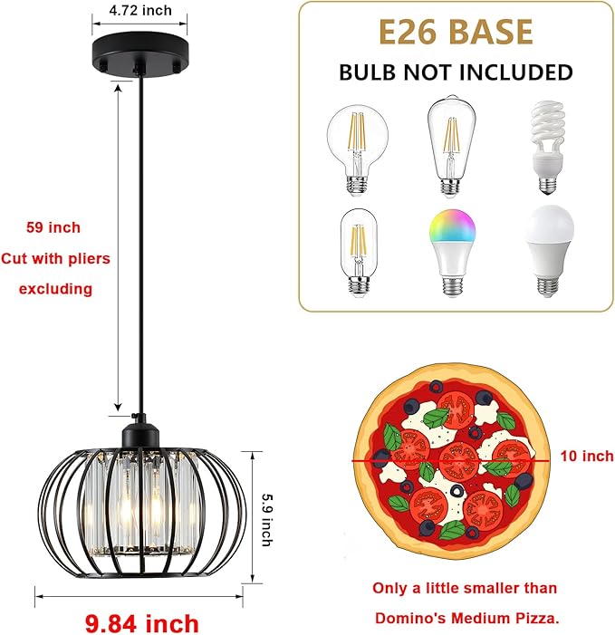 Black Pendant Light Fixture, Farmhouse Hanging Lights with Crystal, Adjustable Mini Kitchen Pendant Light, Modern Industrial Metal Wire Caged Hanging Pendant Lamp for Living Room, Bedroom