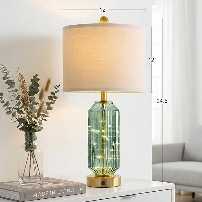 24.5" Bedside Table Lamps Set of 2, Green Glass Nightstand Lamps with USB A+C Charging Ports and Night Light, Gold Modern Lamps for Bedroom, Living Room, End Table (2 Bulbs Included)