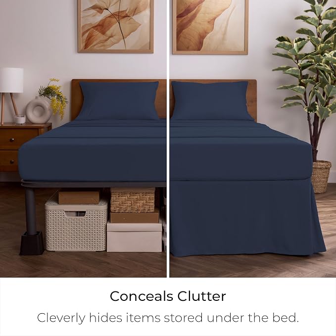 Mellanni Bed Skirt Twin XL Size - Tailored Drop Bed Skirting | 15-Inch Pleated Dust Ruffle - Hotel Luxury Bedding - Wrinkle, Fade, Stain Resistant - 1 Bedskirt (Twin XL, Navy Blue)