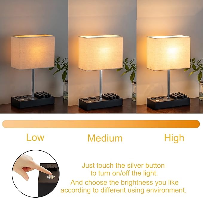 Briever Upgraded 3 USB Table Lamp with 2 USB A & C Charging Ports, Bedside Desk Lamp with 2 AC Outlets and Wooden Phone Stand Organizer, Nightstand Lamp for Bedroom, Living Room, Office, Silver Base