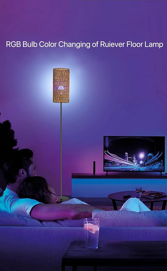 Ruiever Smart Floor Lamp for Living Room,Gaming - Remote, Timer Floor lamp with Remote, APP Control & RGB Standing lamp with Hand-Worked Rattan Shade Bluetooth Bulb Included (Bluetooth Bulb)
