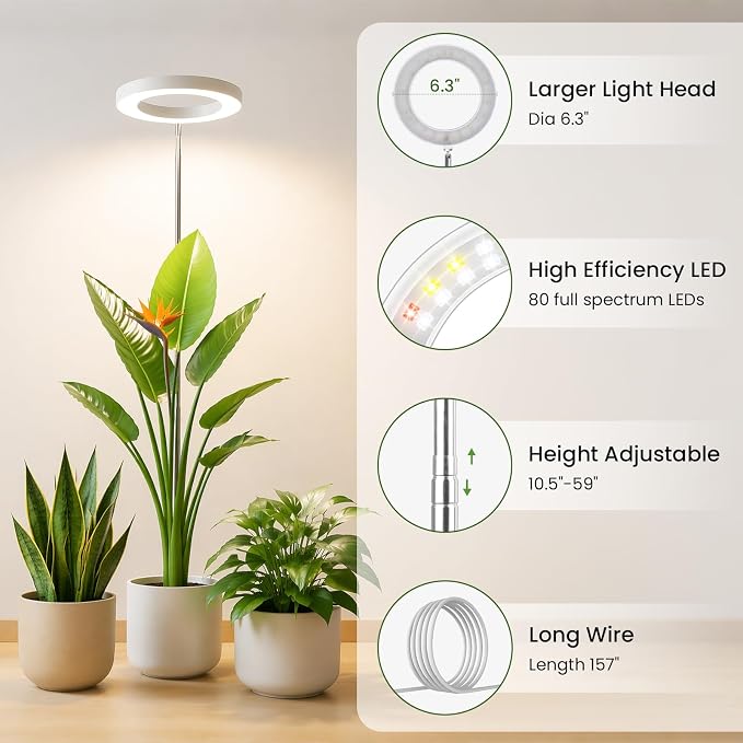 Grow Lights for Indoor Plants, 6.3" Full Spectrum Plant Light with Base | 59" Adjustable Grow Lamp For tall Large Plants, Base/Soil Stake, 6/8/12/16H Auto Timer, 3 Light Color, 5 Brightness, 3 Packs