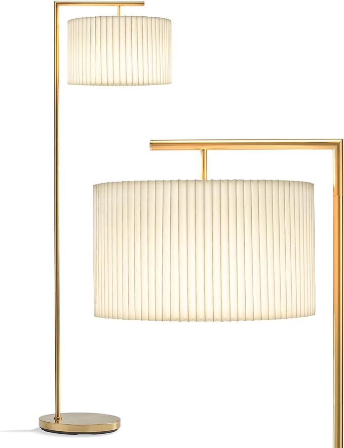 Brightech Montage Modern Floor Lamp - LED Standing Lamp with Tan Shade for Living Rooms & Offices - Bedroom Reading Light - Tall Corner Pole Lamp for Contemporary Home Decor - Antique Brass