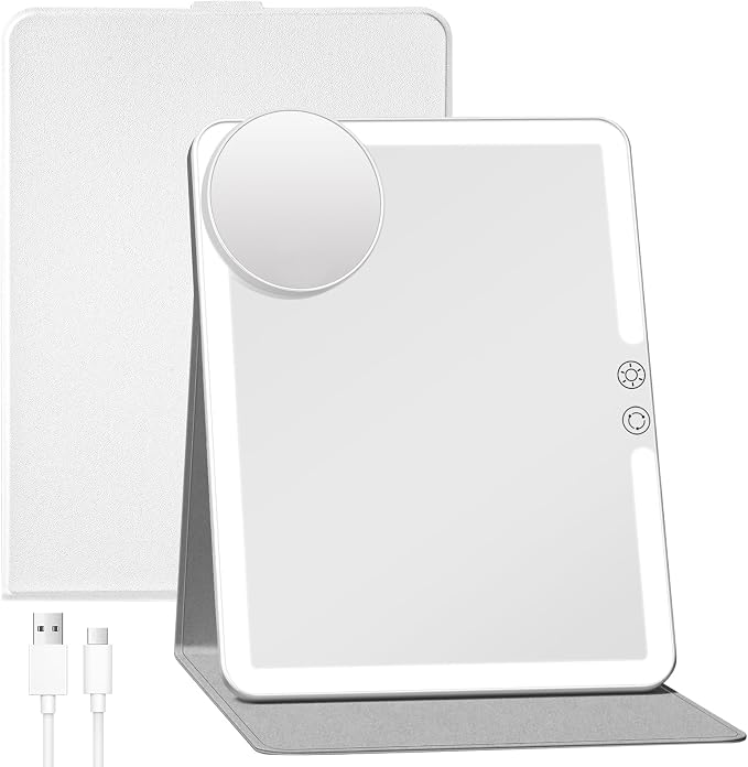 FUNTOUCH 2500mAh Large Rechargeable Travel Makeup Mirror with Light (White) | Portable Makeup Mirror with 10X Magnifying Mirror, 3 Lighting Modes, Tabletop Folding Travel Mirror with PU Leather Cover