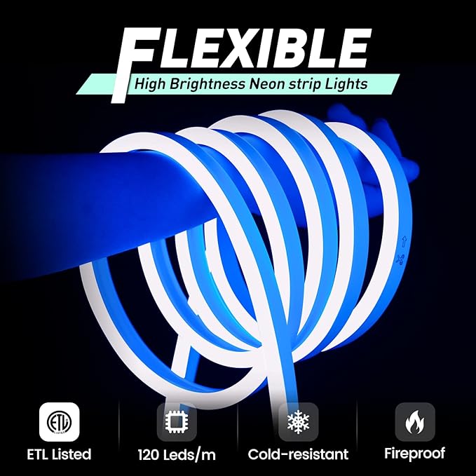 GZBtech Flexible LED Neon Rope Lights 50FT,AC 110-120V Waterproof Strip Light, 120 LEDs/M Cuttable Connectable Neon Lighting for Indoor Outdoor Home Decor/Commercial Building Use-Blue 15M, ETL Listed
