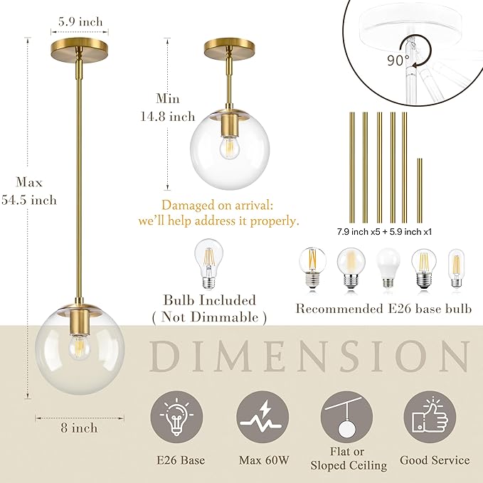 8" Globe Pendant Light Gold 2 Pack Mid Century Pendant Light Globe Pendant Lights Kitchen Island Brushed Brass Finished with Clear Glass Adjustable Ceiling Light Fixtures for Dining Room Bar