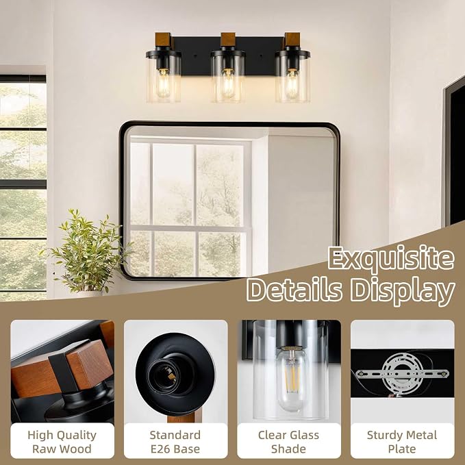3-Light Farmhouse Bathroom Light Fixtures, Black Bathroom Vanity Light Fixtures Over Mirror, Rustic Sconces Wall Lighting with Clear Glass Shades for Living Room, Bedroom, Hallway