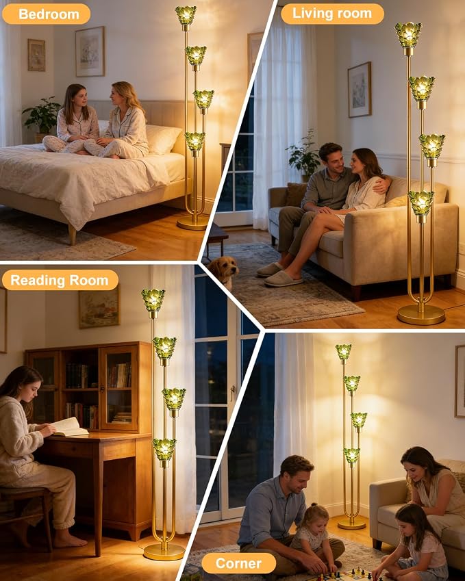 63IN 4-Lights Glass Floor Lamp Modern Dimmable Floor Lamps with Green Glass Shade& Warm White Bulbs for Wedding/Party, Gold Tall Standing Lamp with 5Lbs Heavy Base for Living Room/Bedroom