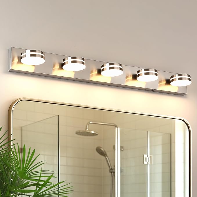 Brushed Nickel Bathroom Light Fixtures Over Mirror, 5-Light | LED Dimmable Bath Lights, Modern Wall Mounted Lighting Fixture with Rotating Lamp Head, Acrylic Metal, 5CCT 40.55in