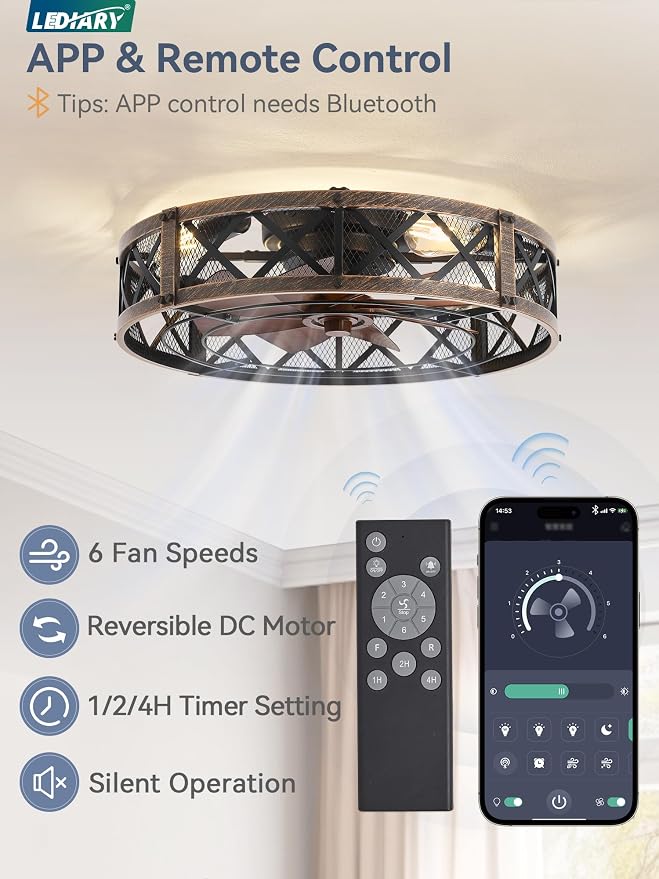 LEDIARY 23" Caged Farmhouse Ceiling Fan with Light, Flush Mount, Black Gold | Remote&APP Control, Large Low Profile, Rustic Fandaliers, Industrial Bladeless Enclosed, Powerful Motor for Bedroom, Kitchen