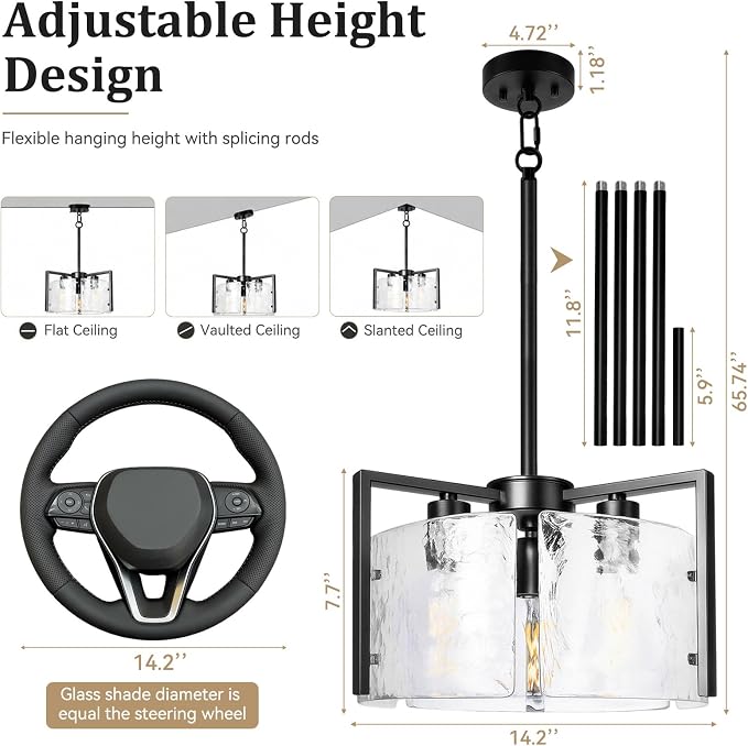 14.2 Inch Black Chandeliers for Dining Room, Adjustable Height | 3-Light Modern Entryway Light Fixture, Glass Pendant Lights for Kitchen Island Foyer Bedroom Bathroom