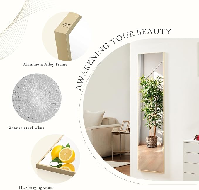 Full Length Floor Mirror, 16"x59" Body Wall Mirror with Stand | Shatter-Proof Nano Glass, Tall Standing, Hanging or Leaning, Aluminum Alloy Frame for Bedroom, Modern Home Decor, Gold