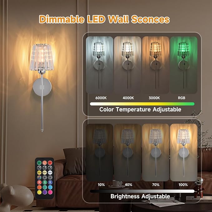 Battery Operated Crystal Wall Sconce Set of 2, Chrome Wireless Wall Sconce with USB Rechargeable LED Light Bulbs 12 Colors Dimmable Crystal Wall Lamp with Remote for Bedroom Living Room Bulbs Included