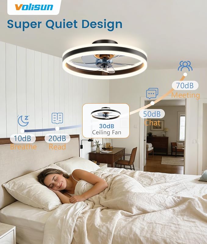VOLISUN Low Profile Ceiling Fans with Lights and Remote, 20in Flush Mount Ceiling Fans with Light, 3000K-6500K Dimmable Fandelier LED Fan Light, Black Bladeless Ceiling Fans with Lights for Bedroom