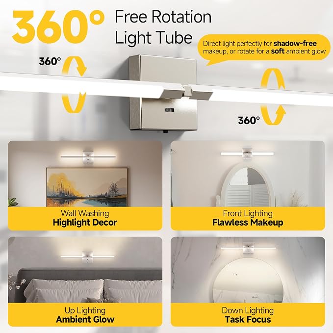 24 Inch Brushed Nickel Bathroom Vanity Light, Built-in Dimmer 2700K-6000K 1100LM LED, 360° Rotatable Bathroom Lights Over Mirror for Makeup, Shaving, Restroom, Powder Room ETL FCC