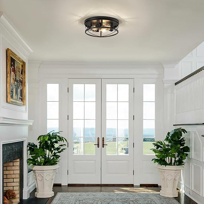Farmhouse Light Fixtures, Black Round Metal Flush Mount Ceiling Light, 3-Light Cage Ceiling Lamp for Kitchen, Foyer, Bedroom, Hallway（Bulbs Not Included）