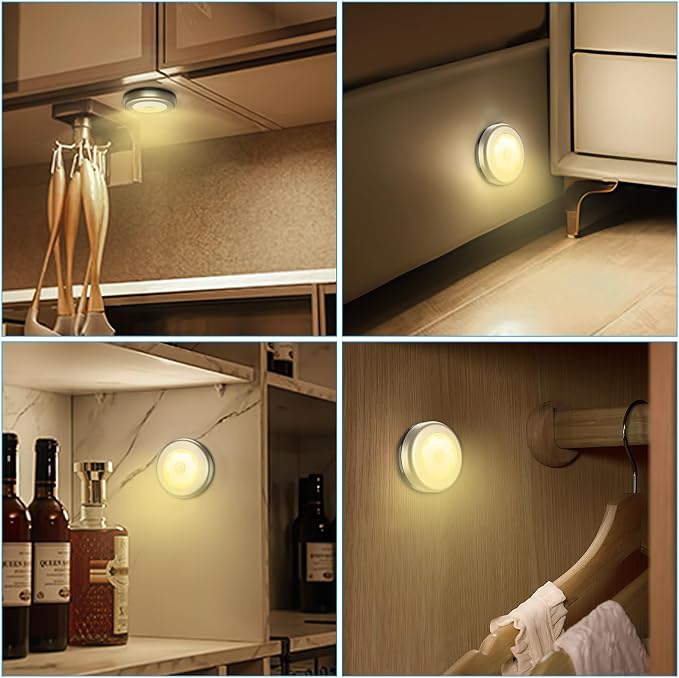 AMIR 3.15” Motion Sensor Light, 6 Pack Cordless Battery-Powered LED Night Light, Stick-Anywhere Closet Lights Stair Lights, Safe Lights for Hallway, Bathroom, Bedroom, Kitchen (Golden - Warm White)