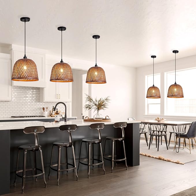 3-Pack Bamboo Pendant Light,Mini Brown Rattan Chandelier | Boho Curry Bamboo Rattan Pendant Lights,Hand Woven Rattan Chandelier for Kitchen Island Dining Bedroom Living Room