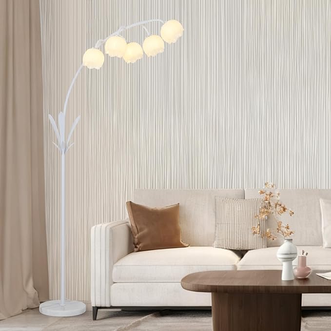 HMVPL White Floral Floor Lamp, Cute Flower Standing Lamp for Bedroom, Modern Tall Lamp with 5 G9 LED Bulbs, Foot Switch, Acrylic Shade, Curved Floor Lamp for Living Room Corner Bedside Kids Home Decor