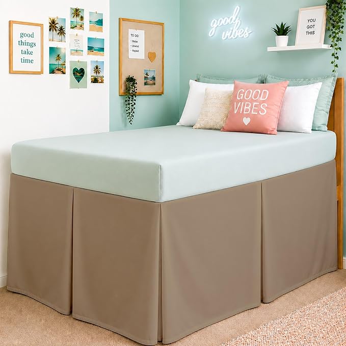Cottington Lane Tailored Box Pleated College Dorm Bed Skirt Twin XL, Hotel Quality Premium Brushed Microfiber Extra Long Bedskirt Twin XL 36 Inch Drop, Taupe Dorm Bedding