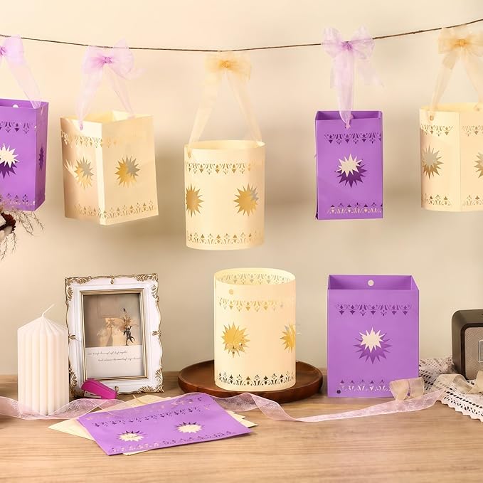 20 Pcs DIY Princess Hanging Lanterns with String Light and Ribbon | Thick Paper Sun Cutout Pattern, Girls Birthday Party Decor, Provide Tools, 10 Yellow+10 Purple, Batteries Not Included