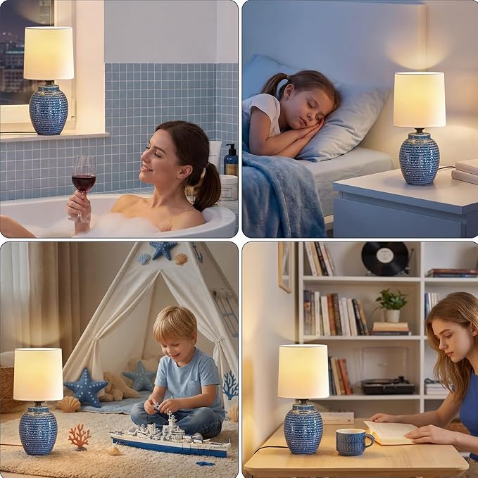 EJIAXIN Small Bedside Lamps -13.75" Farmhouse Table Lamps - Classic Ceramic Table Lamp for Bedroom, Living Room, Nightstand, Office, Side Desk Lamp, End Table