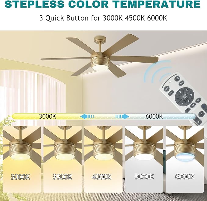 SHOWDI Ceiling Fan with Lights and Remote, 6 Blade App Control Timer Reversible Stepless Brightness and Color Temperature Outdoor Wood Ceiling Fan with Lights (Gold, 56 Inch)