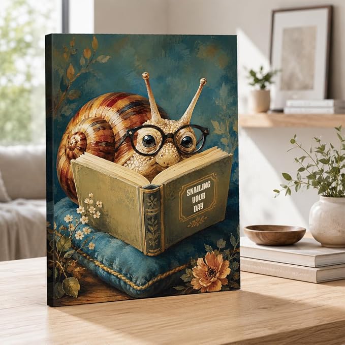 NSFBESSLIA Funny Reading Snail Painting, Whimsical Vintage Animal Decor, Snailing Your Day, Cottagecore Wall Art for Living Room Bedroom Entryway, 8x10 Inch