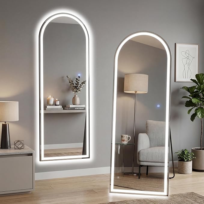 21"x64" Arched LED Full Length Mirror with Stand, Full Body Mirror | LED Lights 3 Color Lighting, Wall Hanging or Leaning, Floor Standing, Modern Simple Home Wall Decor