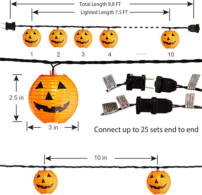 Halloween Pumpkin Lantern String Lights, 10 Pack Orange Lanten Lights String Plug in, Mini Jack O Lantern Pumpkins Decor Connectable Lights, 9.8FT String Lights Outdoor Halloween Decorations