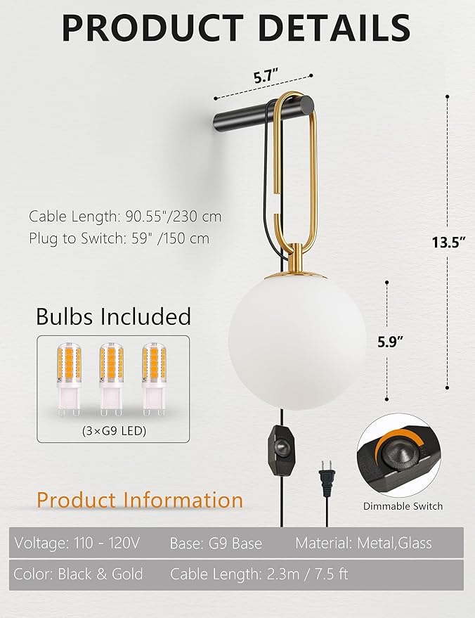 Dimmable Plug in Wall Sconces Set of 2, Modern Globe Wall Light with Rotary Dimmer Switch, Black & Gold Finish with Opal Glass Shade, 7.5Ft Cord & Dimmable G9 Bulb Included for Bedroom Bedside