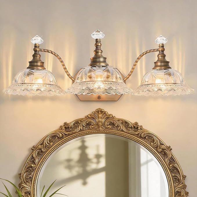 Vintage Bathroom Vanity Light Fixtures, 3-Light Matte Brass Finish Vanity Light with Floral Clear Glass Shades, Retro Wall Sconce for Mirror, Powder Room, Bedroom