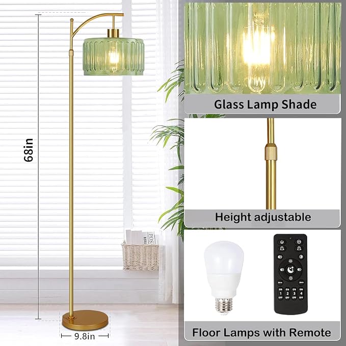 ILLMTW Glass Floor Lamp for Living Room,Bedroom,Gold Mid Century Modern Standing Lamp with Remote,Dimmable Brass Tall Lamp Vintage Retro Green Arc Flower Floor Light Boho Bohemian