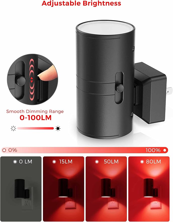 4 X Red Night Light, LOHAS Night Light Plug in with Dusk to Dawn Sensor, 0-100LM, Adjustable Brightness, Sleep Aid Red, Dimmable Night Lights for Home Decor, Bathroom, Hallway, Bedroom, Kids Room