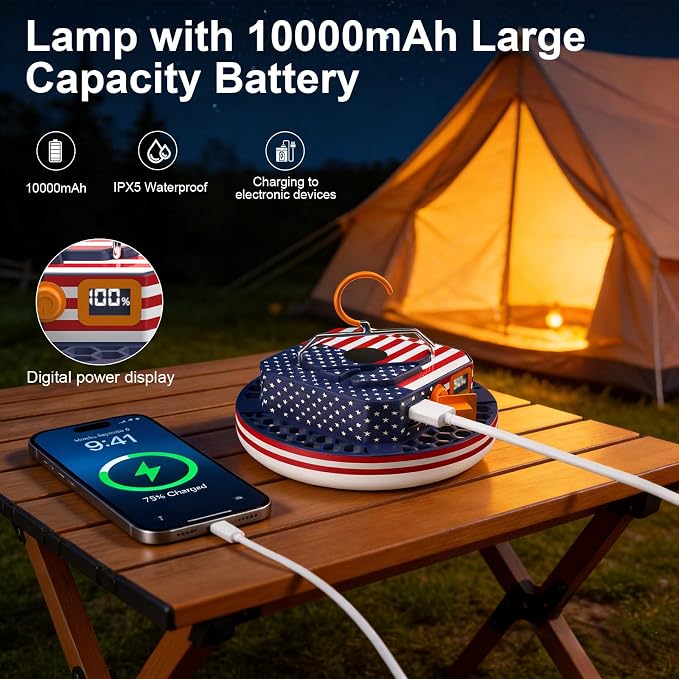 10000mAh Rechargeable Camping Light with Remote , US Flag Print American Flag Light for Outdoor Camping Hiking Emergency Power Failure (30W(US Flag Style))