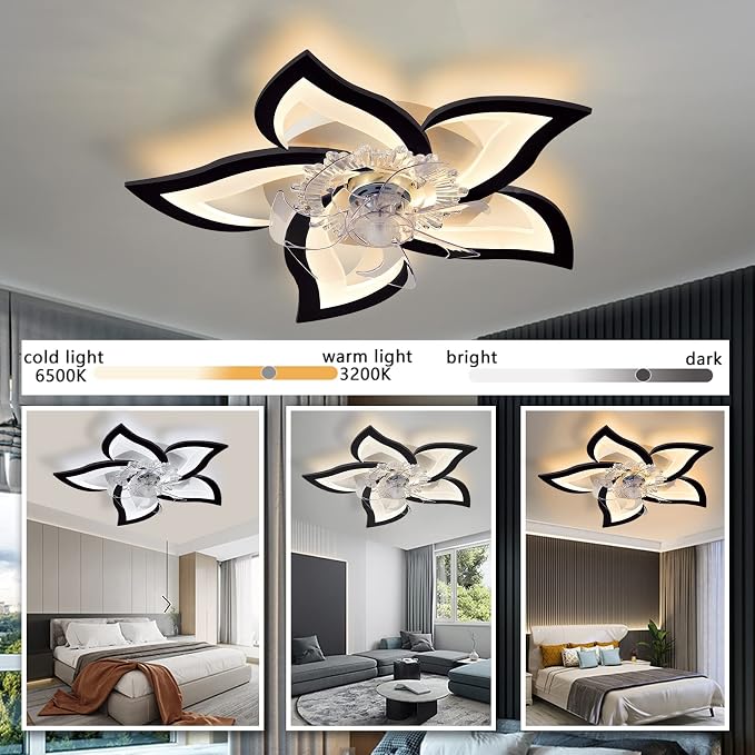 Bevenus Low Profile Ceiling Fans with Lights,27.2” Black Modern Dimmable Flower Shape Ceiling Light Fan with Remote Control/app Control,Timing 6 Gear Speeds Fan Ceiling Lamp.