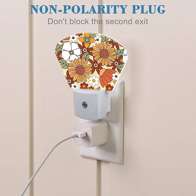Retro Floral Plug in Night Lights, Groovy Flower Nightlight Plug Into Wall Dusk to Dawn Sensor for Kid Girls Boys Women Men Bedroom, Hallway, Kitchen, Bathroom, Stairs Decor