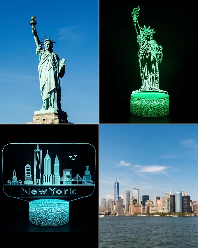 Statue of Liberty, New York Skyline 3D Illusion Night Light, 2 Patterns | 16 Colors Changing, Dimmable, Touch & Remote Control, Bedroom Room Décor Lamp, Christmas Birthday Dad Mom Kid Boy Girl Gift