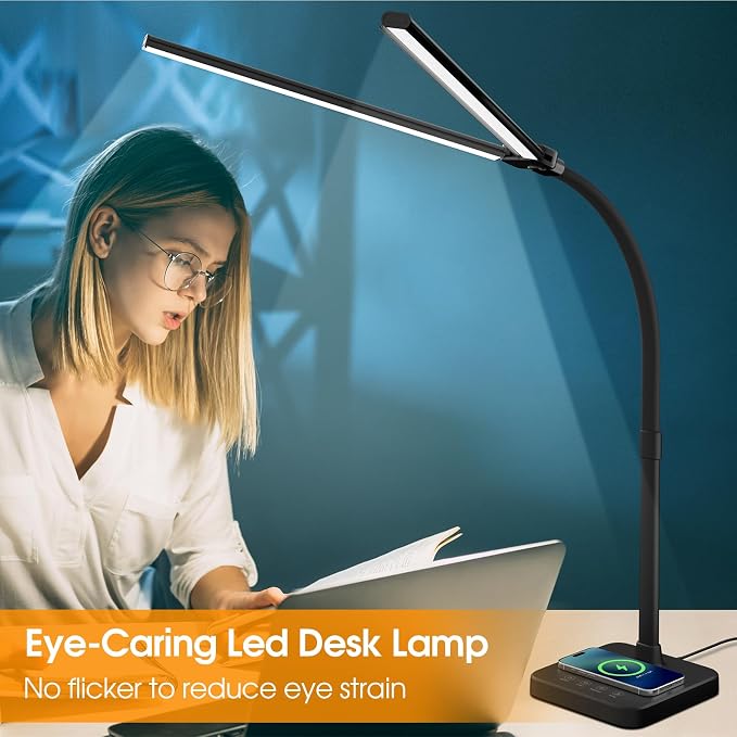 ShineTech LED Desk Lamp, 24W Double Head Desk Light with Wireless Charging | 25 Lighting Modes, USB Port, Dual Swing Arm, Eye-Caring, Auto-Off Timer & Memory Function, for Home Office Dorm Piano Nail