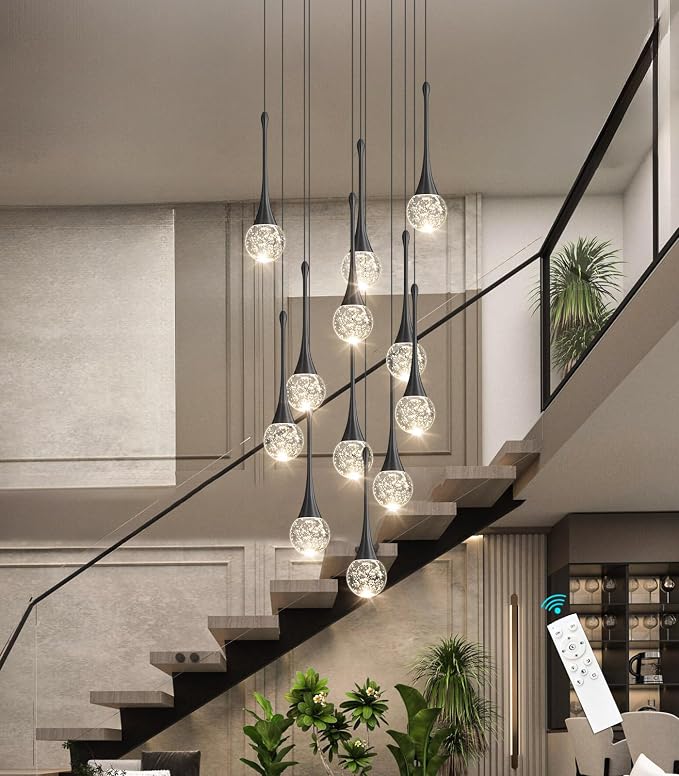 118 inches Modern Glam Crystal Chandelier for High Ceiling LED Dimmable Ceiling Pendant Light Staircase Foyer Enterway Living Room Chandelier Lighting Black 12 Lights