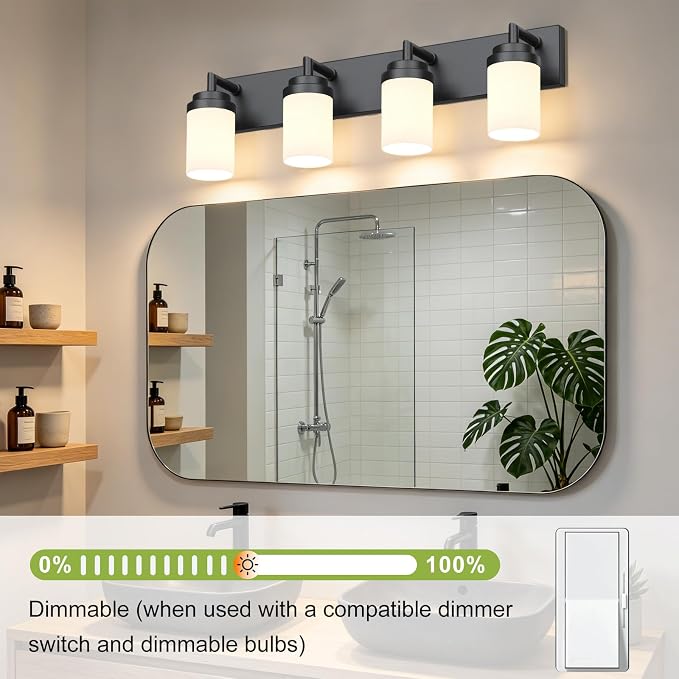 Bathroom Light Fixtures, Matte Black Bathroom Lighting Fixtures Over Mirror, Modern Vanity Light with White Glass Shade, Restroom Lighting Fixtures, 4-Light 30-inch