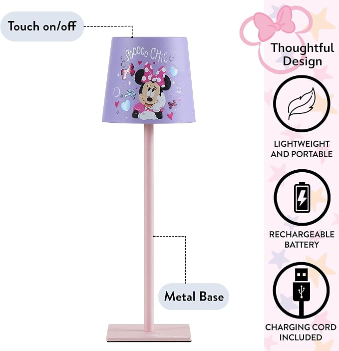 Disney Minnie Mouse Kids Touch Night Light Lamp, Rechargeable Battery Operated Bedroom Table Lamp with Touch On/Off, Portable LED Desk Light with Charging Cord for Nursery & Children’s Room