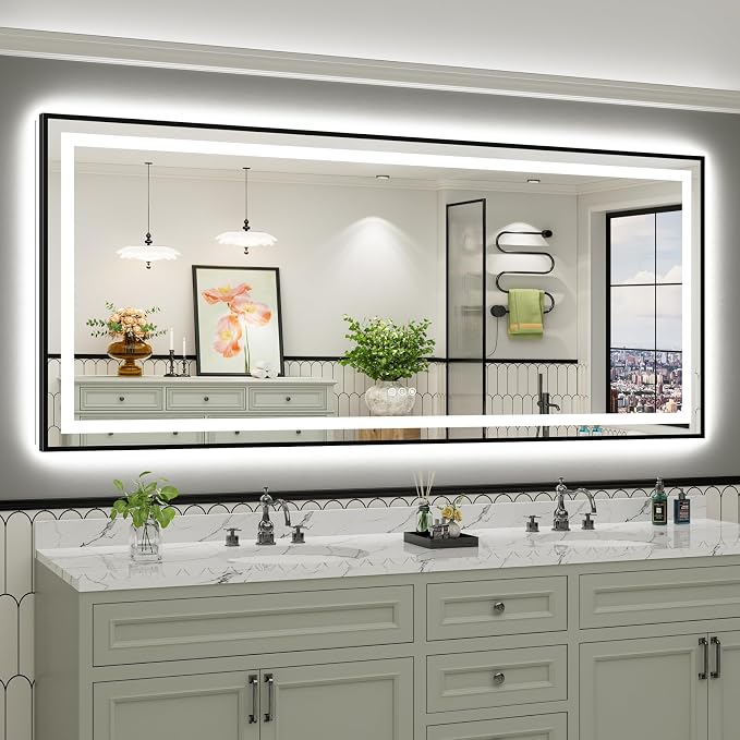 88x38 Inch LED Bathroom Mirror with Black Frame, Backlit & Front Lit | Anti-fog, 3 Color Dimmable, Memory Function, HD Reflection Tempered Glass, ETL Listed, IP54 Waterproof