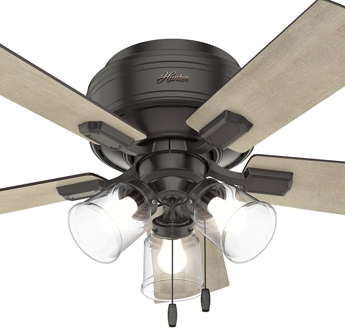 Hunter Crestfield, Indoor, Ceiling Fan, Quiet, 42 inch, Noble Bronze | with LED Lights and Pull Chain, Low Profile Flush Mount, 5 Blades, For Bedroom, Living Room, Kitchen, 52153